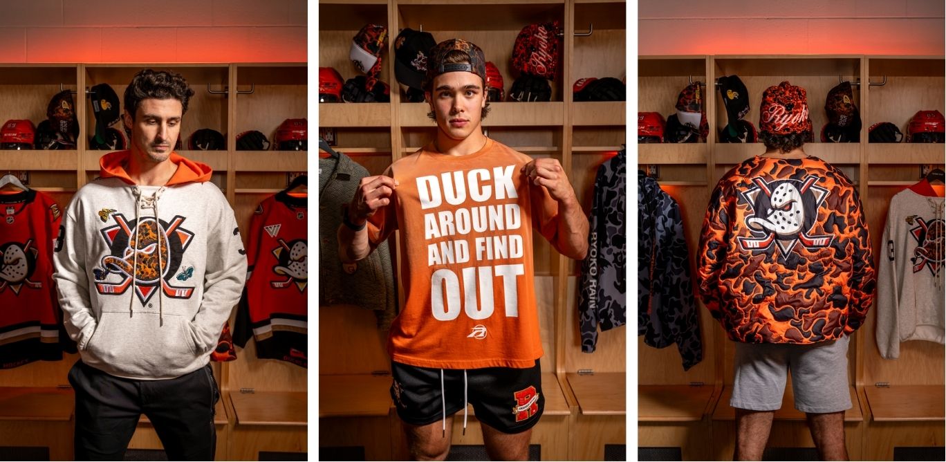 Collage of athletes wearing Anaheim Ducks X Ryoko Rain clothing