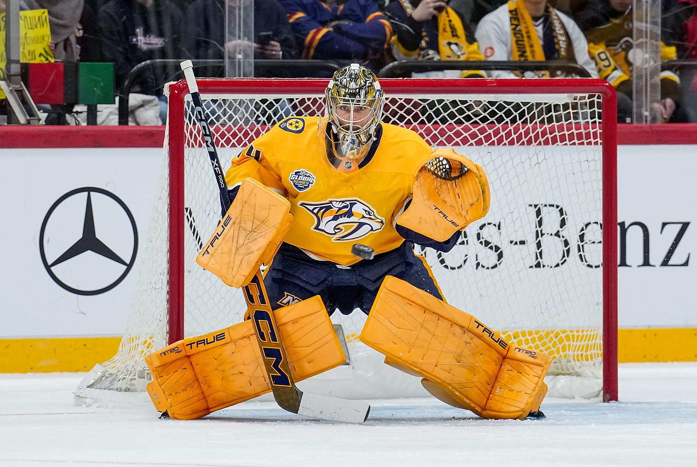 STOCKHOLM, SWEDEN - NOVEMBER 14: Juuse Saros #74 of the Nashville Predators tends net against the Pittsburgh Penguins at Avicii Arena on November 14, 2025 in Stockholm, Sweden. (Photo by John Russell/NHLI via Getty Images)