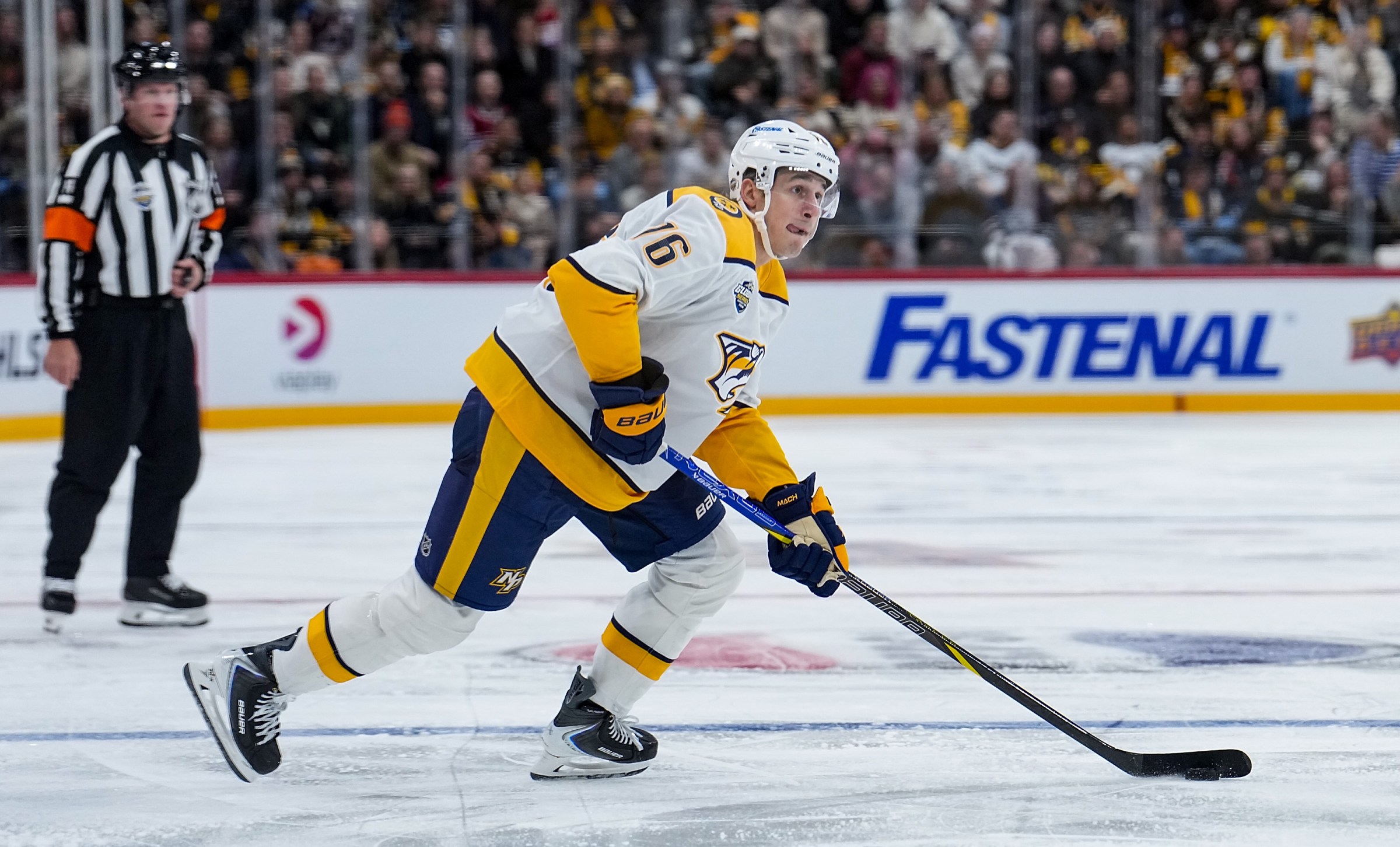 STOCKHOLM, SWEDEN - NOVEMBER 16: Brady Skjei #76 of the Nashville Predators skates against the Pittsburgh Penguins at Avicii Arena on November 16, 2025 in Stockholm, Sweden. (Photo by John Russell/NHLI via Getty Images)