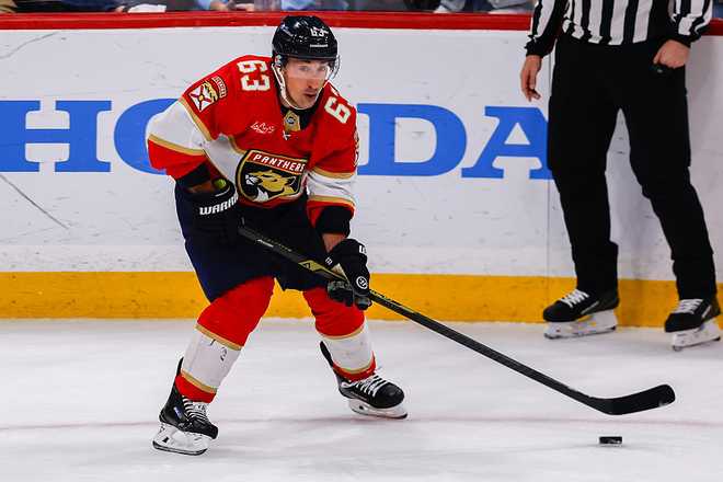 SUNRISE, FL - DECEMBER 17: Florida Panthers left wing Brad Marchand (63) skates with the puck during the third period in the game between the Los Angeles Kings and the Florida Panthers on December 17, 2025 at the Amerant Bank Arena in Sunrise, FL.(Photo by Chris Arjoon/Icon Sportswire via Getty Images)