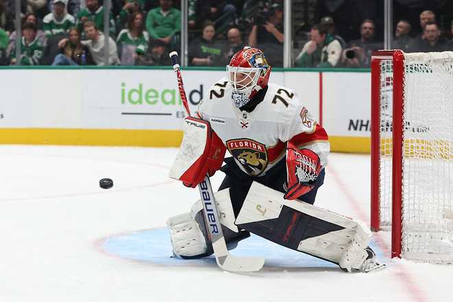 DALLAS, TEXAS - DECEMBER 13: Sergei Bobrovsky #72 of the Florida Panthers defends his net during the first period against the Dallas Stars at American Airlines Center on December 13, 2025 in Dallas, Texas. (Photo by Sam Hodde/Getty Images)