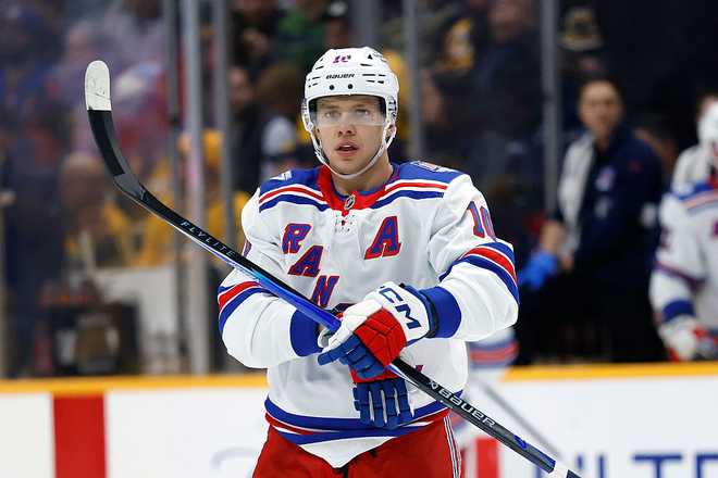NASHVILLE, TENNESSEE - DECEMBER 21: Artemi Panarin #10 of the New York Rangers looks on during the third period of the game against the Nashville Predators at Bridgestone Arena on December 21, 2025 in Nashville, Tennessee. (Photo by Johnnie Izquierdo/Getty Images)