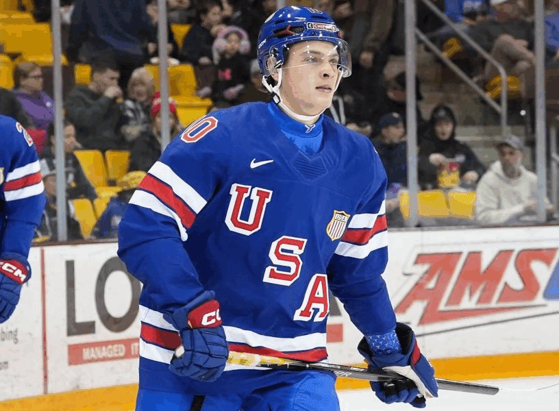 James Hagens (Bruins) with Team USA at the World Juniors