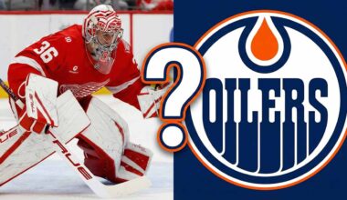 Split graphic featuring Detroit Red Wings goaltender John Gibson making a save on the left side, alongside the Edmonton Oilers team logo on the right side, with a large white question mark superimposed in the center symbolizing trade rumors between the two clubs.