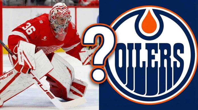 Split graphic featuring Detroit Red Wings goaltender John Gibson making a save on the left side, alongside the Edmonton Oilers team logo on the right side, with a large white question mark superimposed in the center symbolizing trade rumors between the two clubs.
