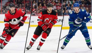 A three-panel split photograph showing NHL forward Jordan Kyrou on the ice. On the left panel, he is wearing a red Ottawa Senators jersey. In the center panel, he is wearing a red New Jersey Devils jersey. On the right panel, he is wearing a blue Vancouver Canucks jersey. He is skating and holding a hockey stick in all three frames.