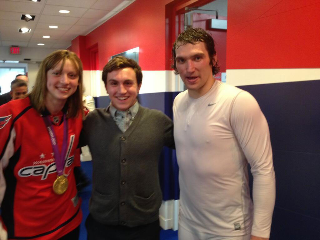 Katie Ledecky poses with Alex Ovechkin at Capital One Arena