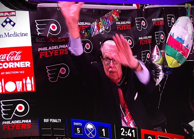 Flyers PA announcer Lou Nolan celebrates his 80th birthday.