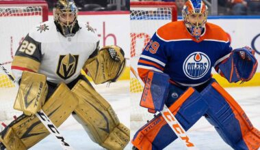 A split-screen image showing goaltender Marc-Andre Fleury in the butterfly position. The left side shows him in a white and gold Vegas Golden Knights uniform with gold pads. The right side shows him in a blue and orange Edmonton Oilers uniform with matching blue and orange pads.