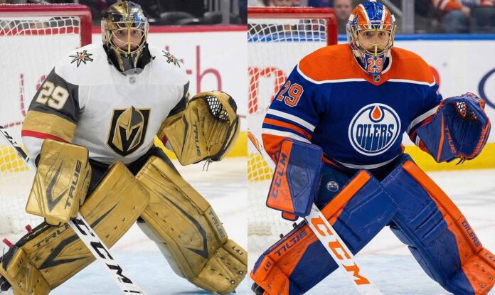 A split-screen image showing goaltender Marc-Andre Fleury in the butterfly position. The left side shows him in a white and gold Vegas Golden Knights uniform with gold pads. The right side shows him in a blue and orange Edmonton Oilers uniform with matching blue and orange pads.