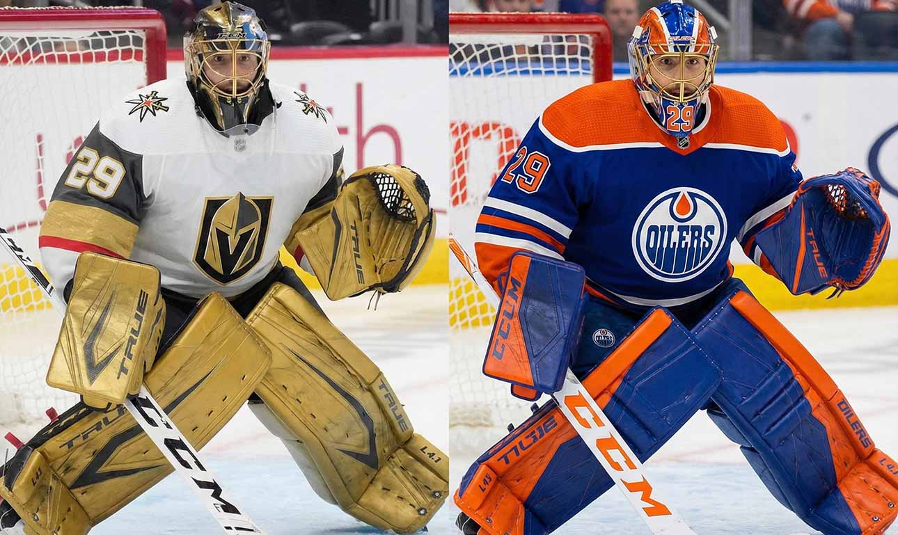 A split-screen image showing goaltender Marc-Andre Fleury in the butterfly position. The left side shows him in a white and gold Vegas Golden Knights uniform with gold pads. The right side shows him in a blue and orange Edmonton Oilers uniform with matching blue and orange pads.
