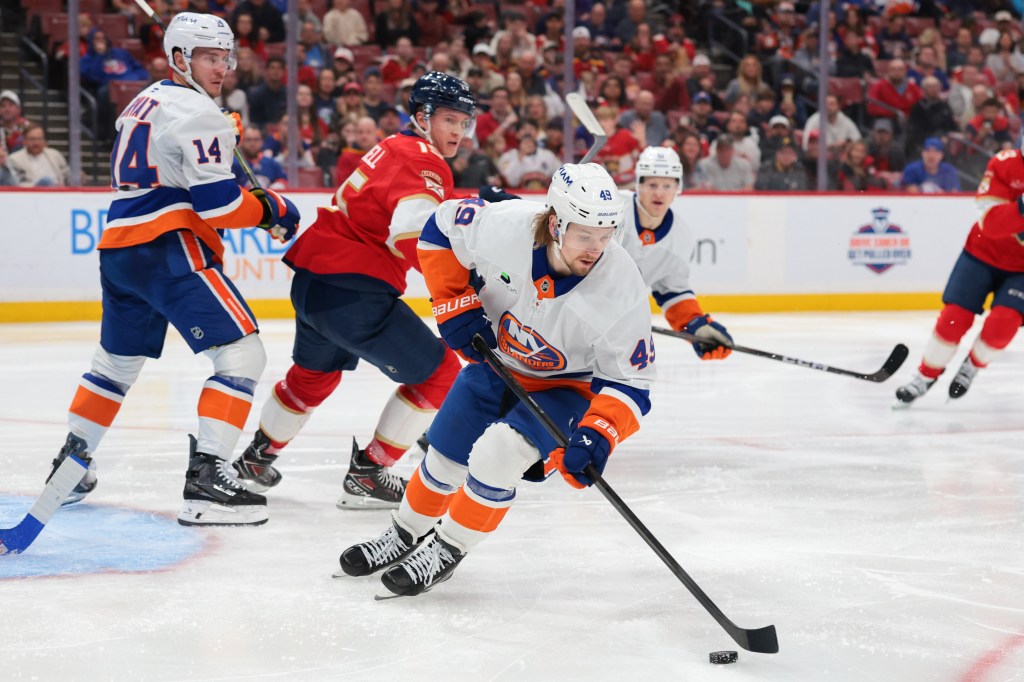 New York Islanders right wing Max Shabanov (49) moves the puck against the Florida Panthers during the second period.