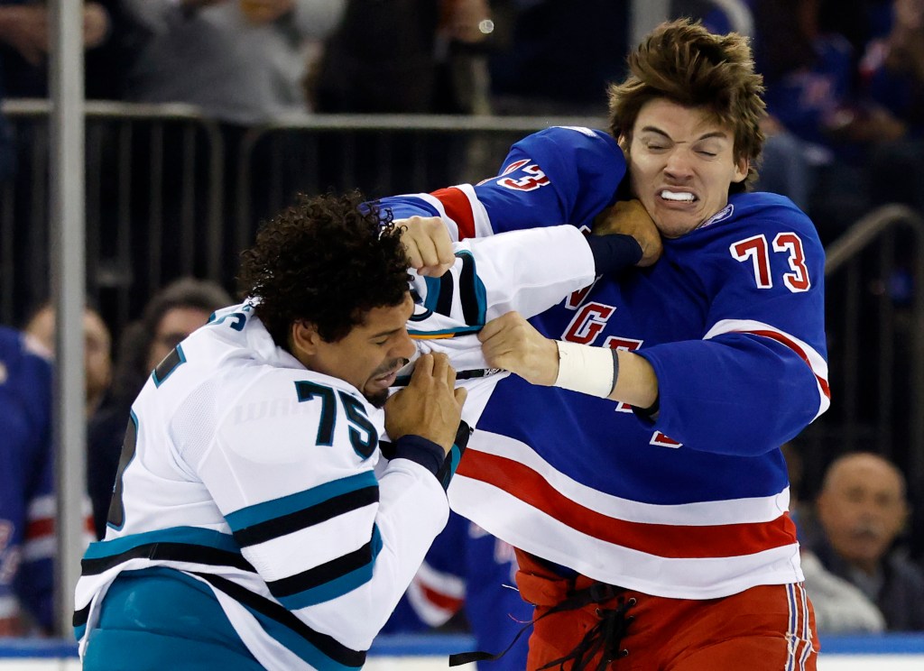 Matt Rempe ie believed to have injured his thumb in this fight with Ryan Reaves on Oct. 23, 2025.