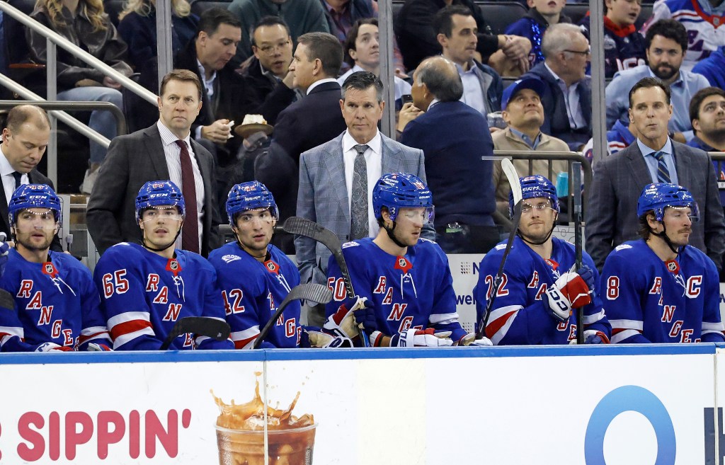 New York Rangers head coach Mike Sullivan reacting on the bench in the first period.