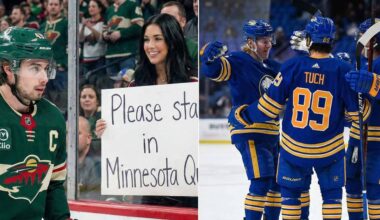 A split-screen hockey image. On the left, Minnesota Wild captain Quinn Hughes looks on as a fan behind the glass holds a handwritten sign reading "Please stay in Minnesota Quinn." On the right, three Buffalo Sabres players, including Alex Tuch (#89) viewed from behind, celebrate together on the ice during a game.