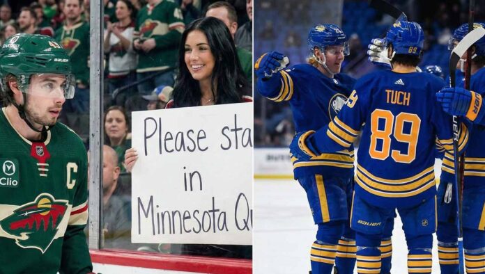 A split-screen hockey image. On the left, Minnesota Wild captain Quinn Hughes looks on as a fan behind the glass holds a handwritten sign reading "Please stay in Minnesota Quinn." On the right, three Buffalo Sabres players, including Alex Tuch (#89) viewed from behind, celebrate together on the ice during a game.
