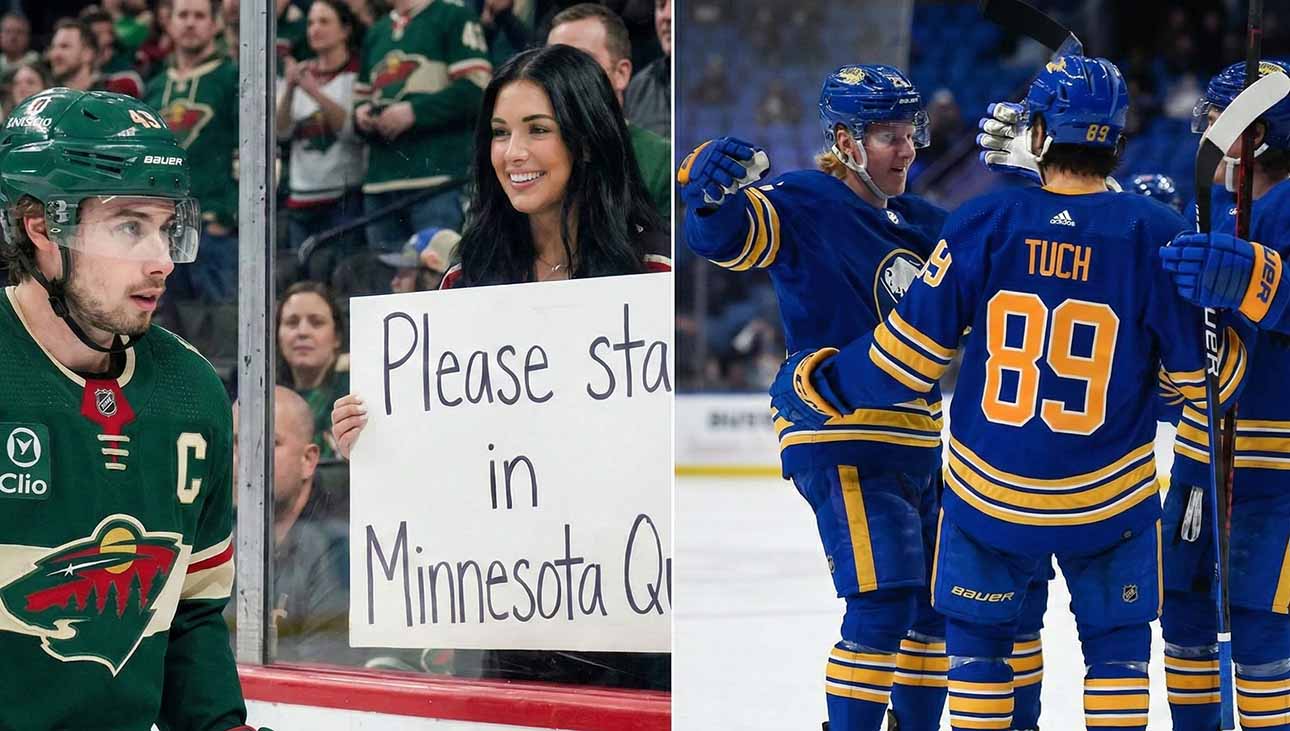 A split-screen hockey image. On the left, Minnesota Wild captain Quinn Hughes looks on as a fan behind the glass holds a handwritten sign reading "Please stay in Minnesota Quinn." On the right, three Buffalo Sabres players, including Alex Tuch (#89) viewed from behind, celebrate together on the ice during a game.