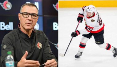 Ottawa Senators GM Steve Staios looking at roster options with Carter Yakemchuk inset, highlighting trade deadline decisions.