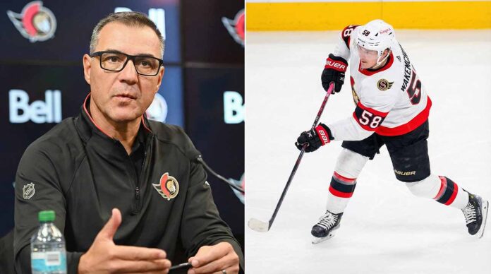 Ottawa Senators GM Steve Staios looking at roster options with Carter Yakemchuk inset, highlighting trade deadline decisions.