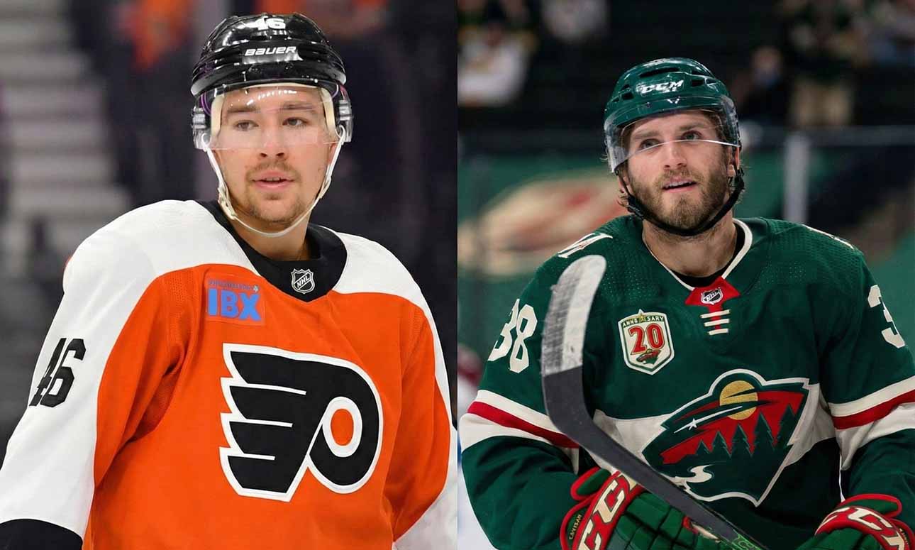 A split-screen photograph. On the left side, Philadelphia Flyers forward Bobby Brink (#46) is shown in a white away jersey and black helmet, looking towards the right. On the right side, Minnesota Wild forward Ryan Hartman (#38) is shown in a green home jersey and green helmet, holding his stick and looking upward.