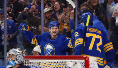 Buffalo Sabres center Josh Norris (9) celebrates his goal with center Tage Thompson (72) during the first period of an NHL hockey game against the Winnipeg Jets, Monday, Dec. 1, 2025, in Buffalo, N.Y. (AP Photo/Jeffrey T. Barnes)