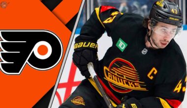 Philadelphia Flyers trade rumors graphic featuring Vancouver Canucks defenseman Quinn Hughes and Flyers logo to the left