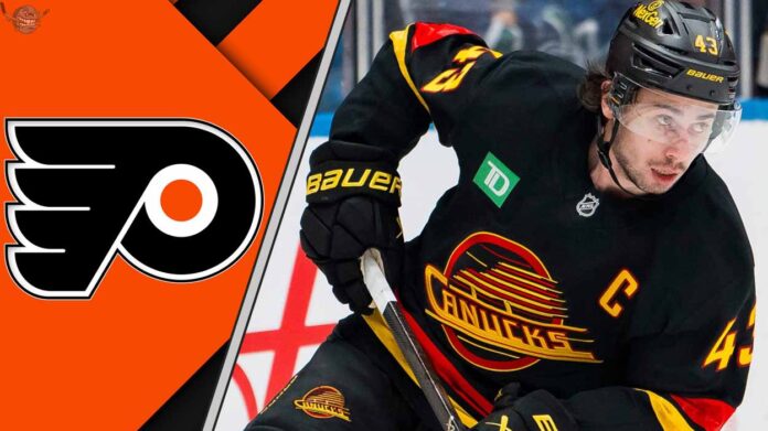 Philadelphia Flyers trade rumors graphic featuring Vancouver Canucks defenseman Quinn Hughes and Flyers logo to the left