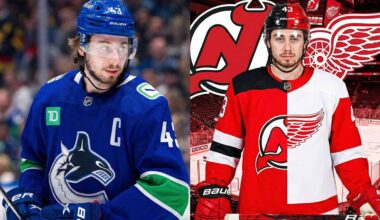 A split image graphic illustrating NHL trade rumors involving Quinn Hughes. On the left side, Hughes is pictured on the ice wearing his current blue Vancouver Canucks jersey. The right side is a composite graphic showing Hughes wearing a jersey split down the middle—the left half is the red and black of the New Jersey Devils, and the right half is the red and white of the Detroit Red Wings