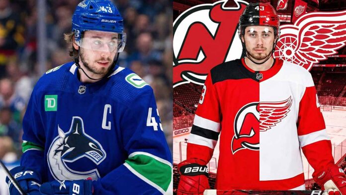 A split image graphic illustrating NHL trade rumors involving Quinn Hughes. On the left side, Hughes is pictured on the ice wearing his current blue Vancouver Canucks jersey. The right side is a composite graphic showing Hughes wearing a jersey split down the middle—the left half is the red and black of the New Jersey Devils, and the right half is the red and white of the Detroit Red Wings