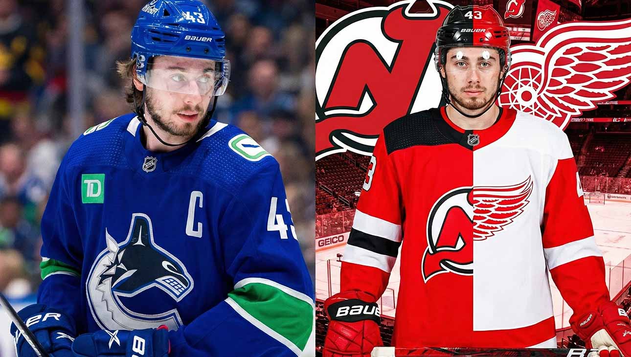 A split image graphic illustrating NHL trade rumors involving Quinn Hughes. On the left side, Hughes is pictured on the ice wearing his current blue Vancouver Canucks jersey. The right side is a composite graphic showing Hughes wearing a jersey split down the middle—the left half is the red and black of the New Jersey Devils, and the right half is the red and white of the Detroit Red Wings