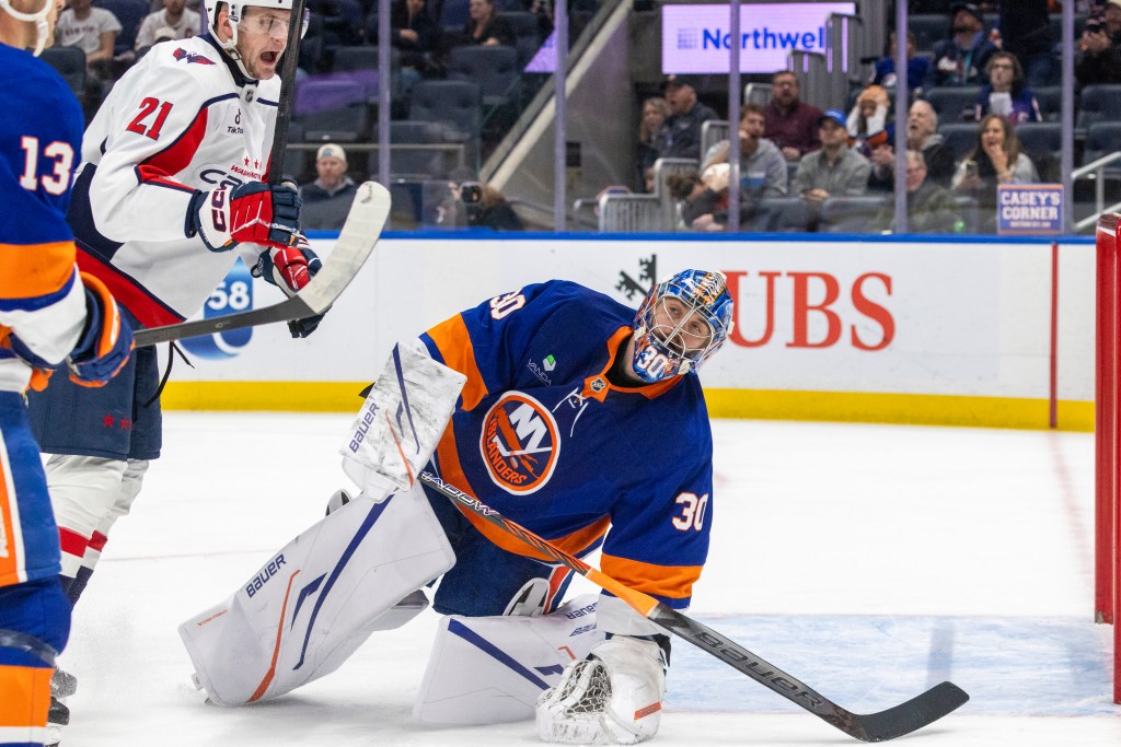 New York Islanders goaltender Ilya Sorokin reacts to a score by Washington Capitals right wing Tom Wilson during the second period.