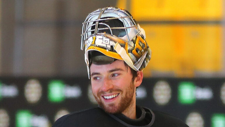 The Boston Bruins held a captain’s practice at Warrior Arena oin Thursday morning. Goalie Jeremy Swayman is all smiles at the end of practice.