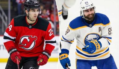 A split-screen photograph showing New Jersey Devils defenseman Seamus Casey in a red jersey on the left, and Buffalo Sabres forward Alex Tuch in a white jersey on the right.