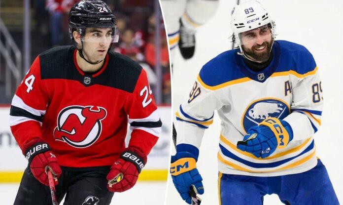 A split-screen photograph showing New Jersey Devils defenseman Seamus Casey in a red jersey on the left, and Buffalo Sabres forward Alex Tuch in a white jersey on the right.