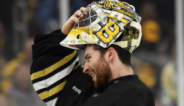 May 12, 2024; Boston, Massachusetts, USA; Boston Bruins goaltender Jeremy Swayman (1) slips on his mask during the second period in game four of the second round of the 2024 Stanley Cup Playoffs against the Florida Panthers at TD Garden. Mandatory Credit: Bob DeChiara-Imagn Images / Bob DeChiara-Imagn Images
