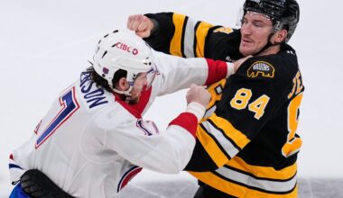 Old rivals Bruins, Canadiens drop gloves at opening faceoff in matchup of East Conference foes