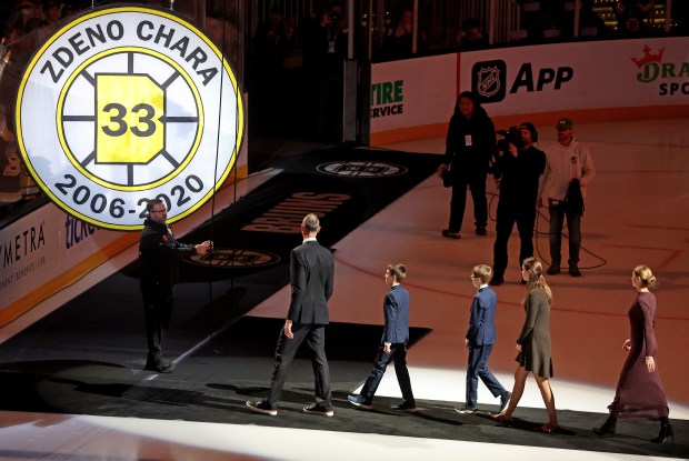 Zdeno Chara and his family raise his number into the rafters of the Garden during his number retirement ceremony. (Photo By Matt Stone/Boston Herald)