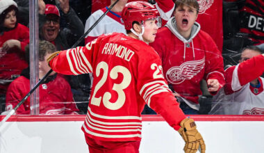 Dec 21, 2025; Detroit, Michigan, USA; Detroit Red Wings left wing Lucas Raymond (23) celebrates his goal during the second period against the Washington Capitals at Little Caesars Arena. Mandatory Credit: Tim Fuller-Imagn Images