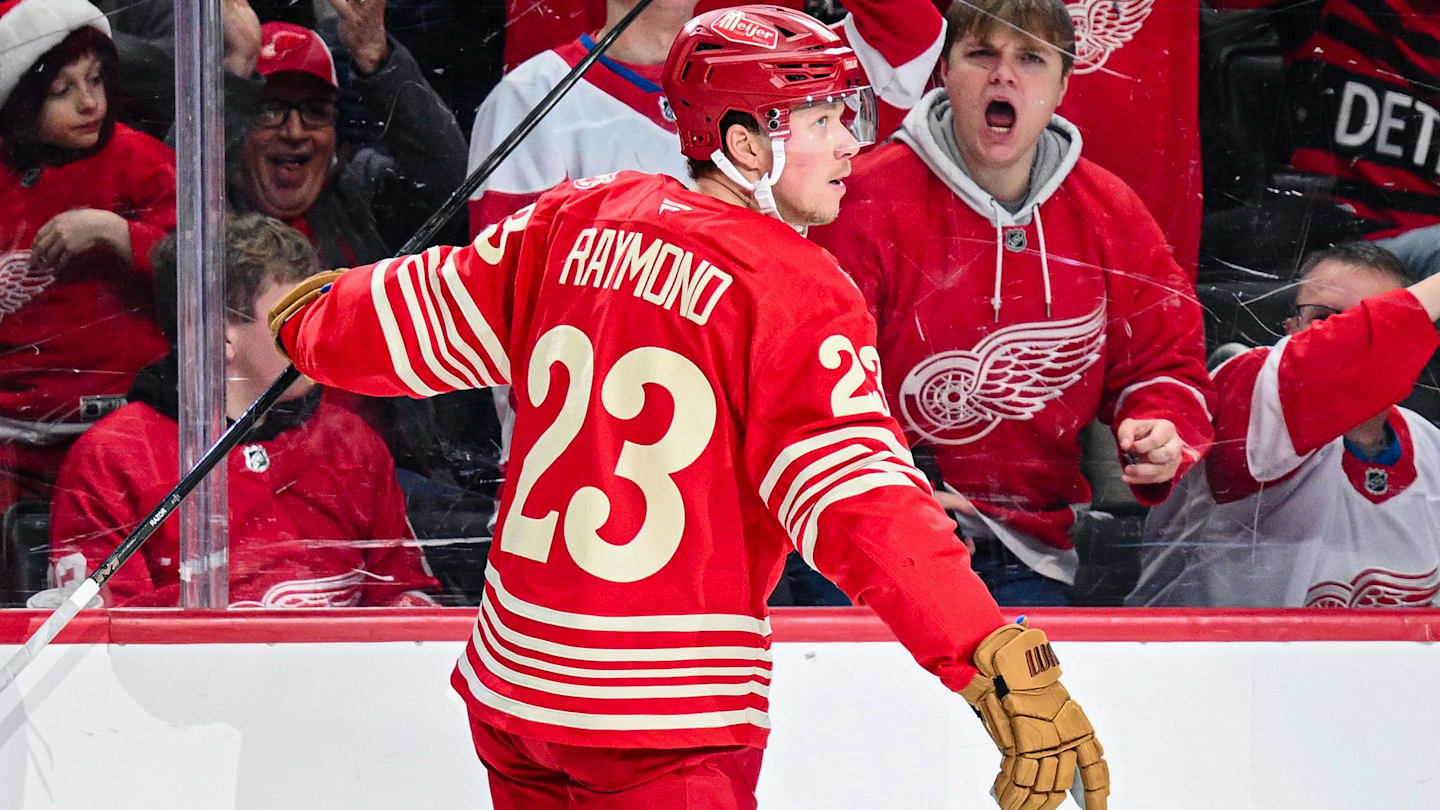 Dec 21, 2025; Detroit, Michigan, USA; Detroit Red Wings left wing Lucas Raymond (23) celebrates his goal during the second period against the Washington Capitals at Little Caesars Arena. Mandatory Credit: Tim Fuller-Imagn Images