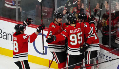 Jan 1, 2026; Chicago, Illinois, USA; Chicago Blackhawks right wing Ilya Mikheyev (95) celebrates his goal against the Dallas Stars during the second period at United Center. Mandatory Credit: David Banks-Imagn Images