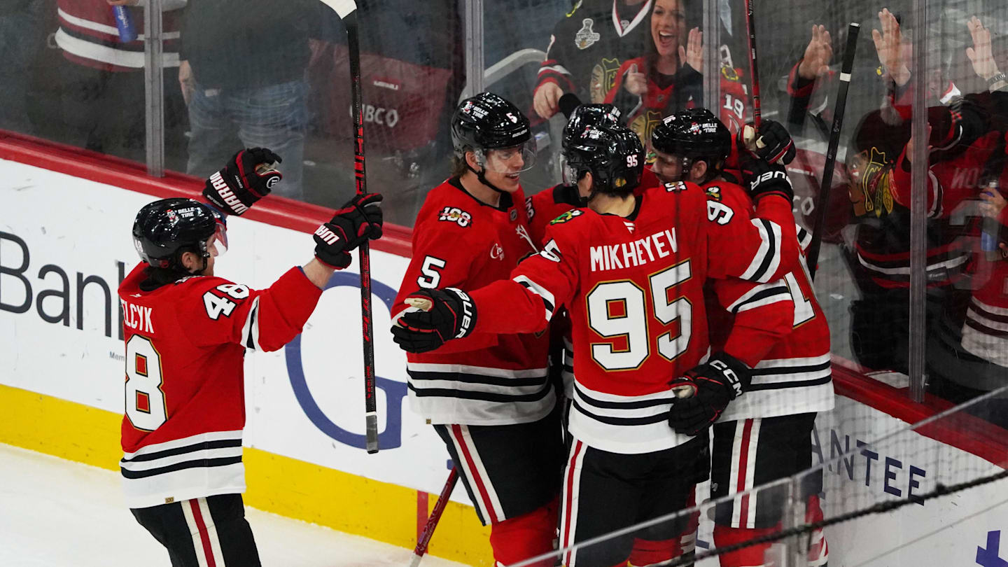 Jan 1, 2026; Chicago, Illinois, USA; Chicago Blackhawks right wing Ilya Mikheyev (95) celebrates his goal against the Dallas Stars during the second period at United Center. Mandatory Credit: David Banks-Imagn Images