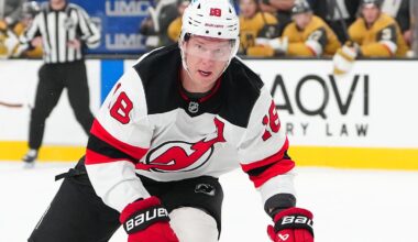 Dec 17, 2025; Las Vegas, Nevada, USA; New Jersey Devils left wing Ondrej Palat (18) skates against the Vegas Golden Knights during the first period at T-Mobile Arena. Mandatory Credit: Stephen R. Sylvanie-Imagn Images