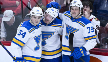 Jan 7, 2026; Chicago, Illinois, USA; St. Louis Blues center Otto Stenberg (28) celebrates with right wing Dalibor Dvorsky (54) and  defenseman Tyler Tucker (75) after scoring against the Chicago Blackhawks during the second period at the United Center. Mandatory Credit: Matt Marton-Imagn Images