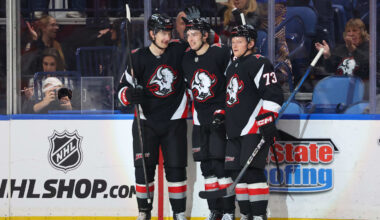 Jan 10, 2026; Buffalo, New York, USA;  Buffalo Sabres right wing Jack Quinn (22) celebrates his goal with teammates during the first period against the Anaheim Ducks at KeyBank Center. Mandatory Credit: Timothy T. Ludwig-Imagn Images