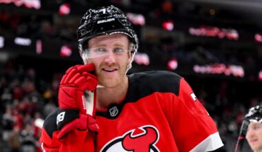 Oct 22, 2025; Newark, New Jersey, USA; New Jersey Devils defenseman Dougie Hamilton (7) reacts after winning against the Minnesota Wild at Prudential Center. Mandatory Credit: John Jones-Imagn Images