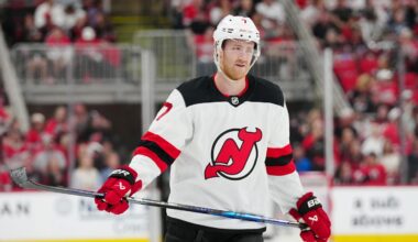 Apr 20, 2025; Raleigh, North Carolina, USA; New Jersey Devils defenseman Dougie Hamilton (7) looks on against the Carolina Hurricanes during the third period of game one of the first round of the 2025 Stanley Cup Playoffs at Lenovo Center. Mandatory Credit: James Guillory-Imagn Images
