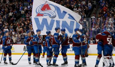 Jan 10, 2026; Denver, Colorado, USA; Colorado Avalanche players celebrate after the game against the Columbus Blue Jackets at Ball Arena. Mandatory Credit: Isaiah J. Downing-Imagn Images