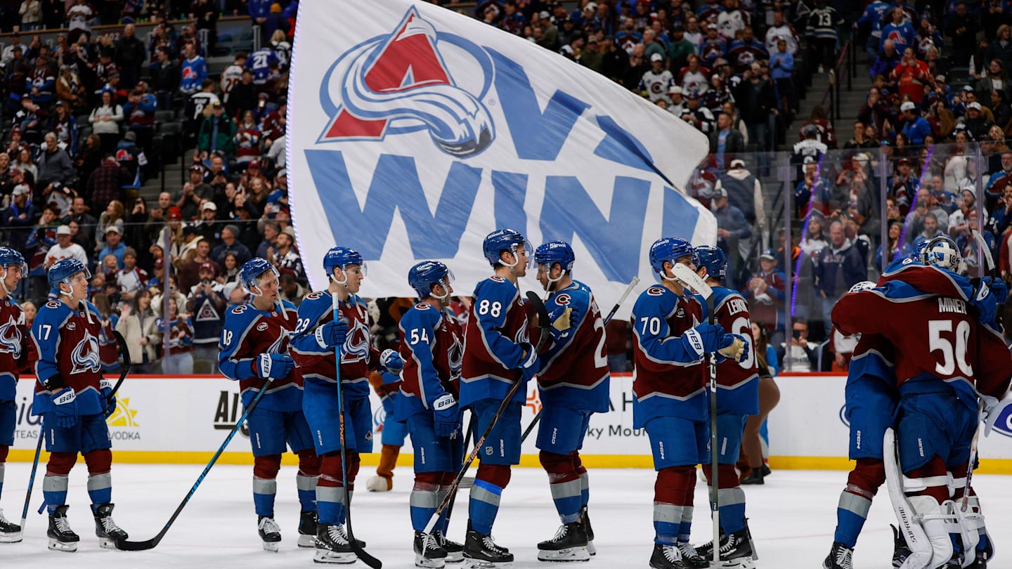 Jan 10, 2026; Denver, Colorado, USA; Colorado Avalanche players celebrate after the game against the Columbus Blue Jackets at Ball Arena. Mandatory Credit: Isaiah J. Downing-Imagn Images