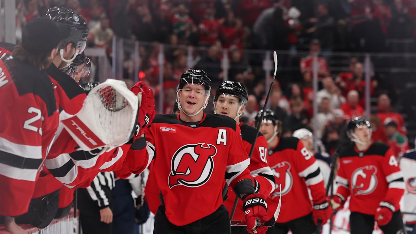 Dec 1, 2025; Newark, New Jersey, USA; New Jersey Devils left wing Ondrej Palat (18) celebrates his goal against the Columbus Blue Jackets during the first period at Prudential Center. Mandatory Credit: Ed Mulholland-Imagn Images