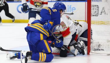 Jan 12, 2026; Buffalo, New York, USA;  Buffalo Sabres left wing Zach Benson (6) scores a goal on Florida Panthers goaltender Sergei Bobrovsky (72) during the second period at KeyBank Center. Mandatory Credit: Timothy T. Ludwig-Imagn Images